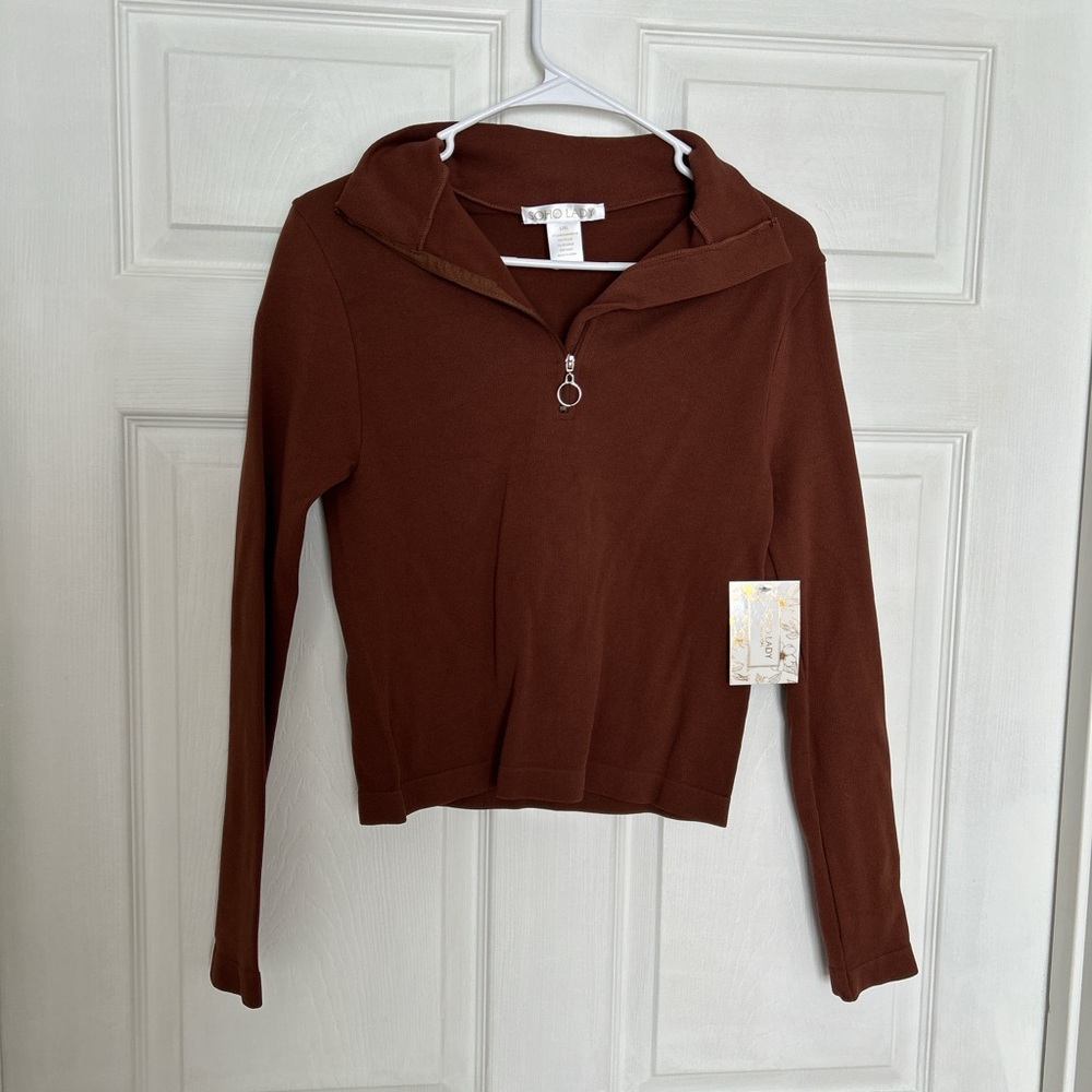 Brown Quarter-Zip Long Sleeve Top